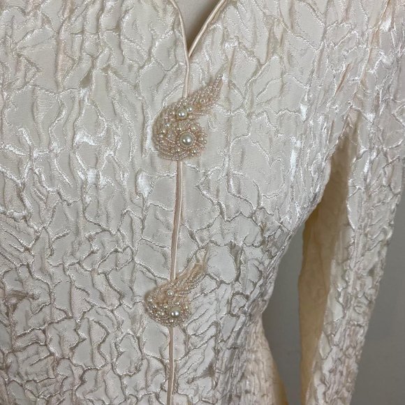 Vintage 80s Damasio Embroidery Beige with Sequence Buttons Cocktail Dress - Picture 2 of 4